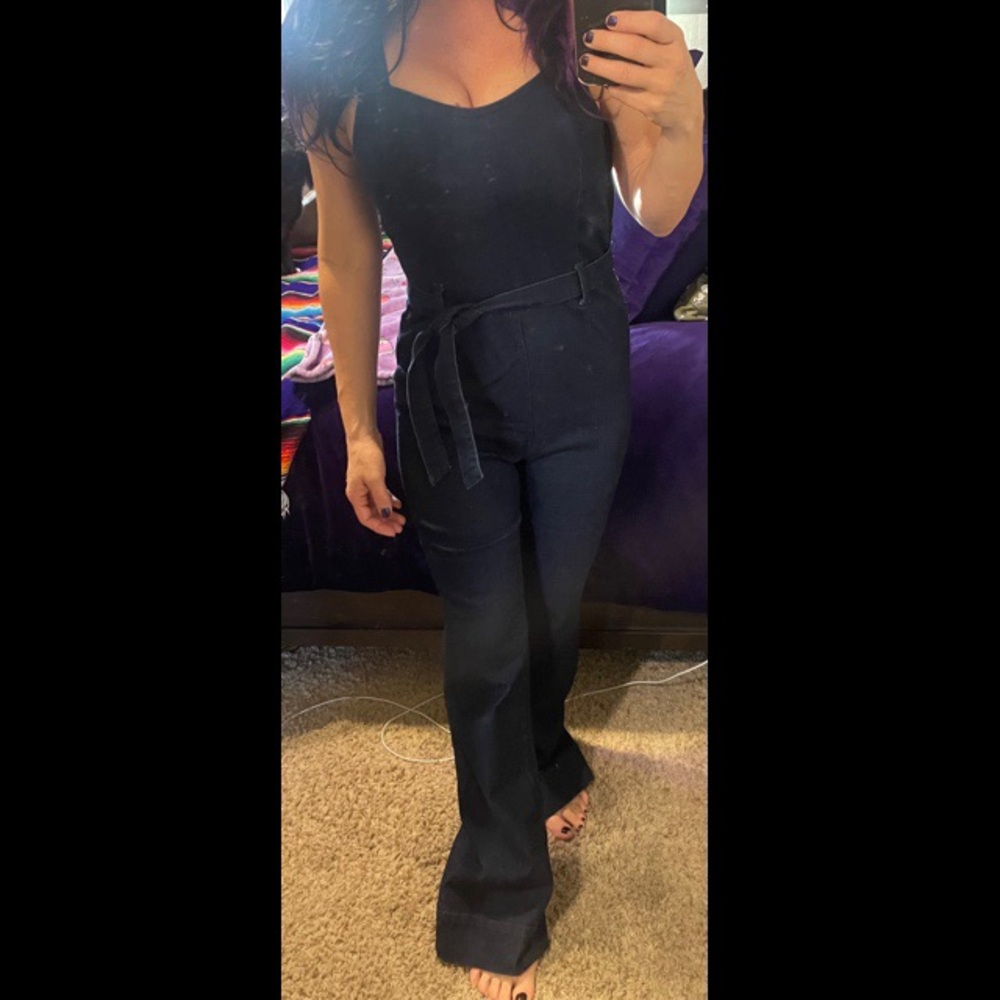 Denim jumpsuit.